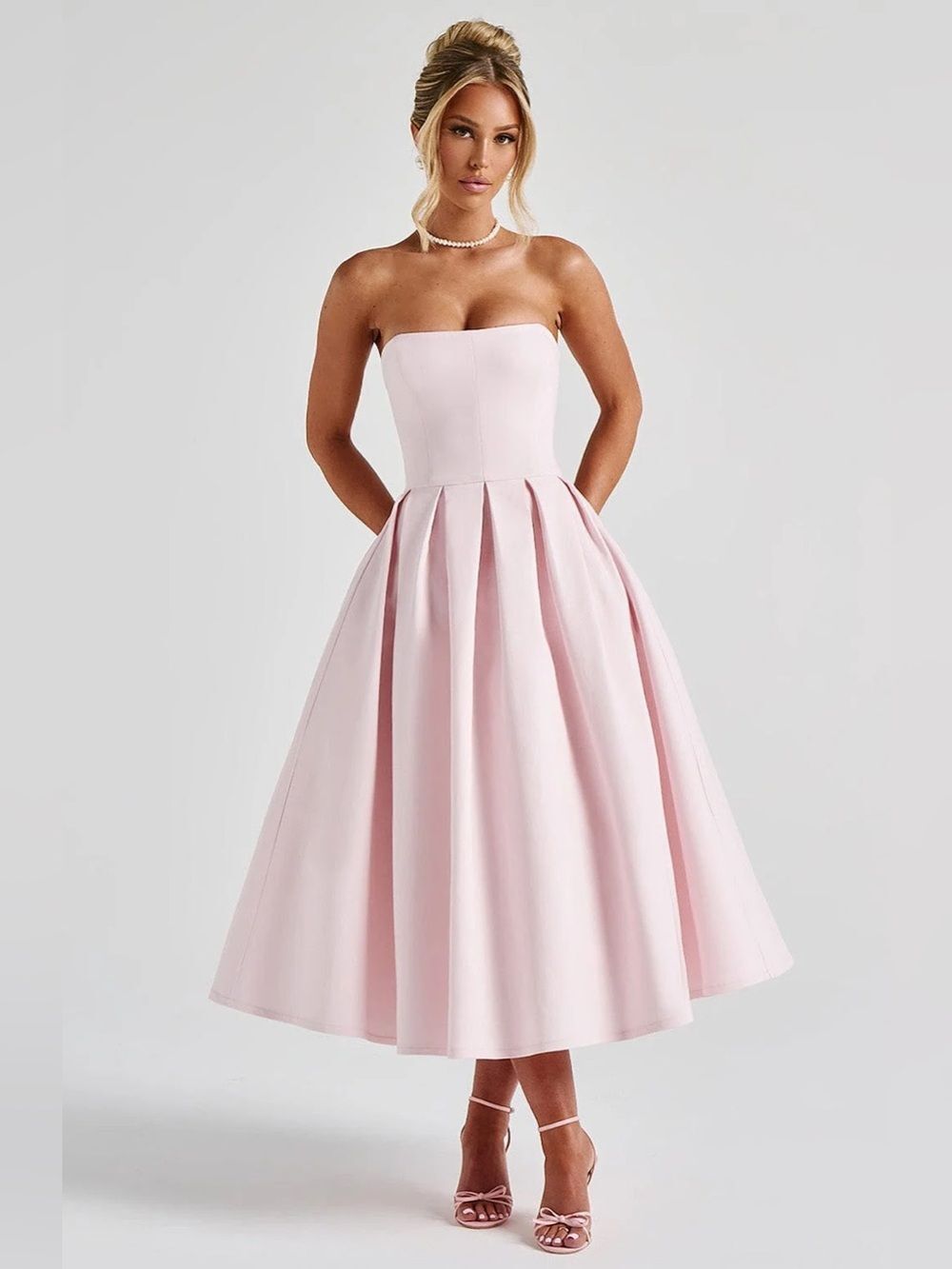 BABYBOO Edith Midi Dress Small Blush Pink Fit & Flare Strapless Formal Coquette